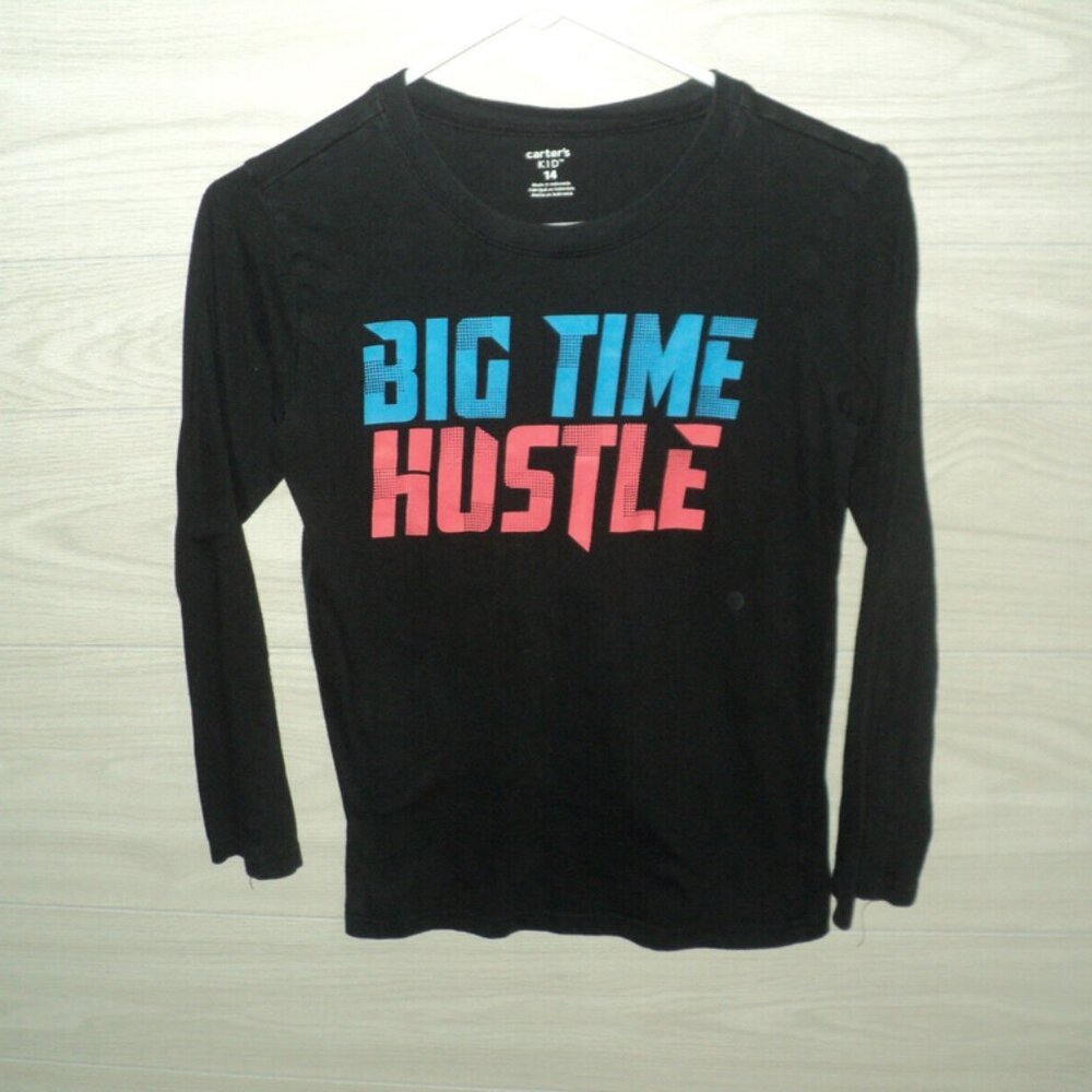Carter's Kid Tee Big Time Hustle Boy's Size 14 Black Long Sleeves Graphic Print